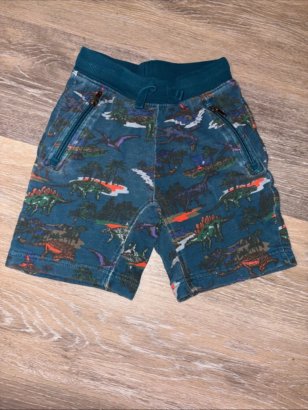 Hanna Andersson Teal Dinosaur Print Zip-Pocket Pull-On Shorts